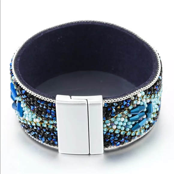 Blue Rhinestone LeatherCuff Bracelet MagneticClasp - Picture 4 of 5